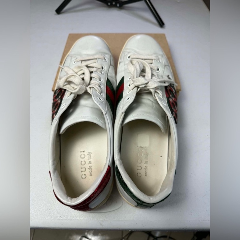 Mens Gucci Ace Embroidered Low Top Sneaker White Leather Snake Size 8 Used - Picture 4 of 16